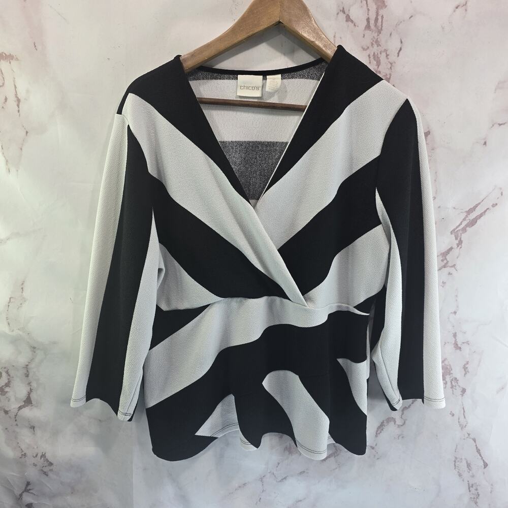 Chicos Shirt Women Large 2 White Black Wide Stripe V Faux Wrap Blouse